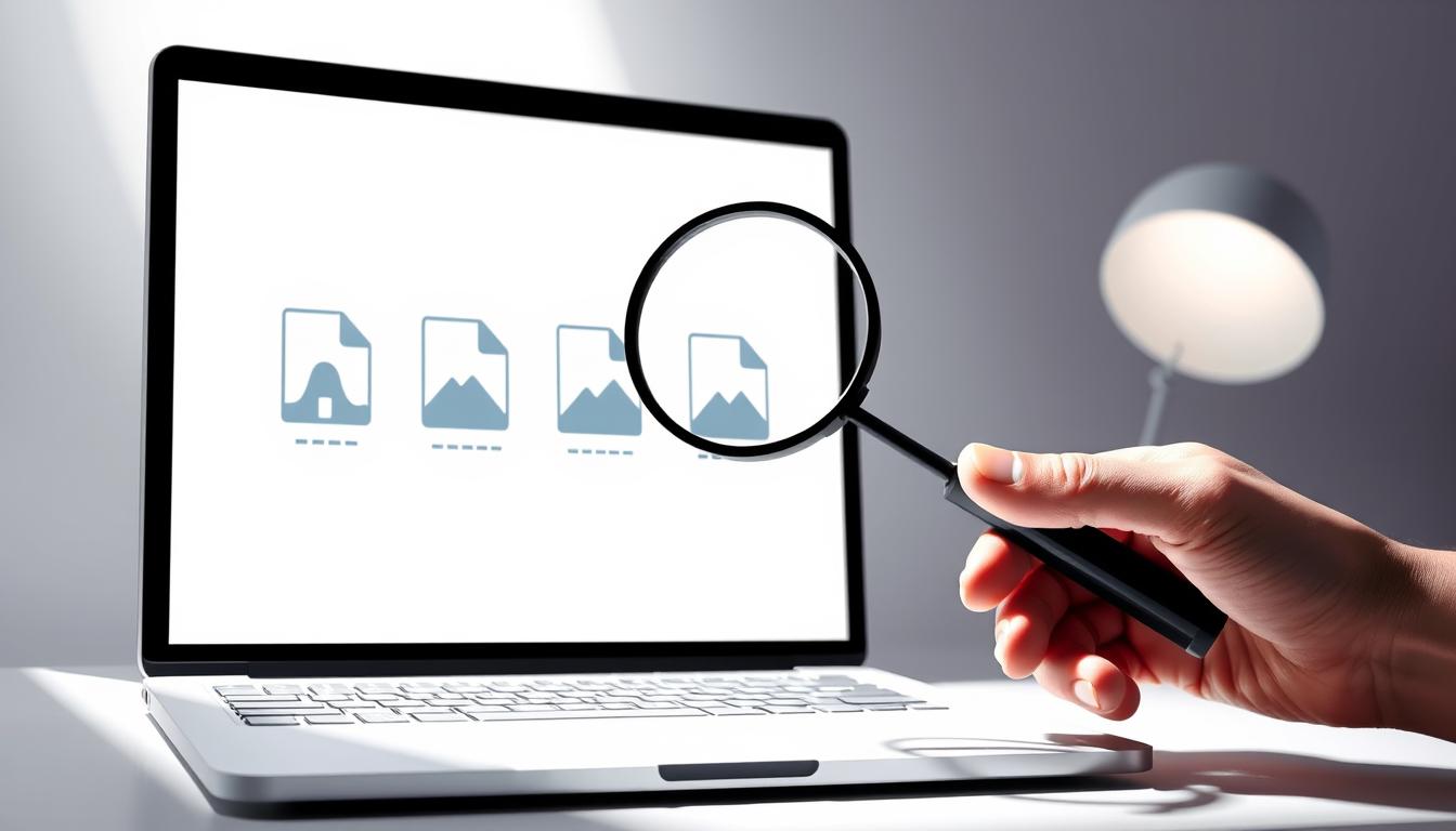 Uma lupa sobre uma imagem em um site WordPress, simbolizando a busca por imagens lentas para otimização.